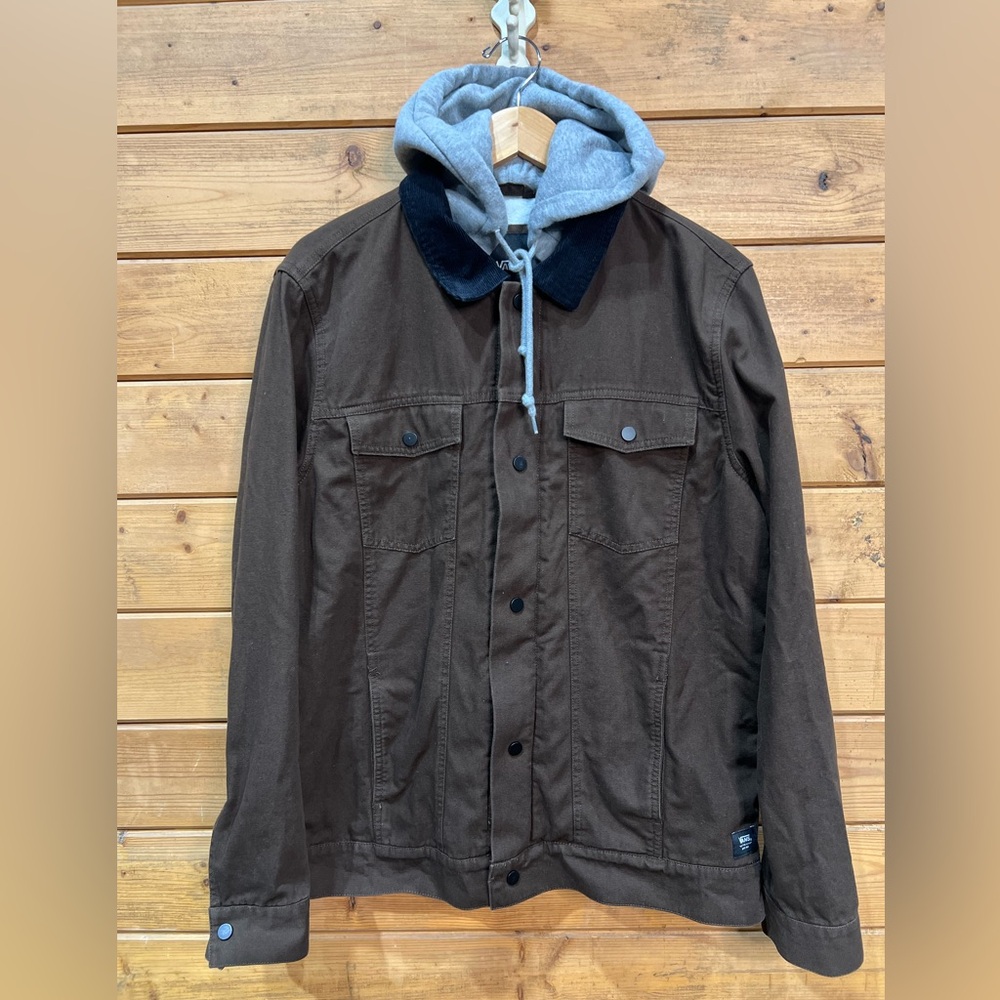 Vans Brown Canvas Jacket Attached Gray Hoodie — Sherpa Lined — Men’s Large